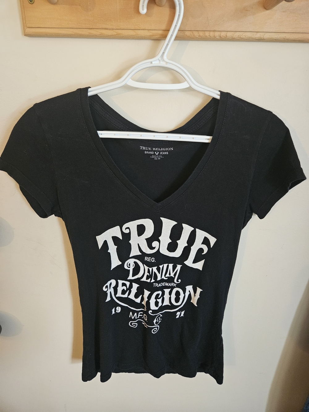 True Religion Black V-Neck Logo Tee with White Graphic